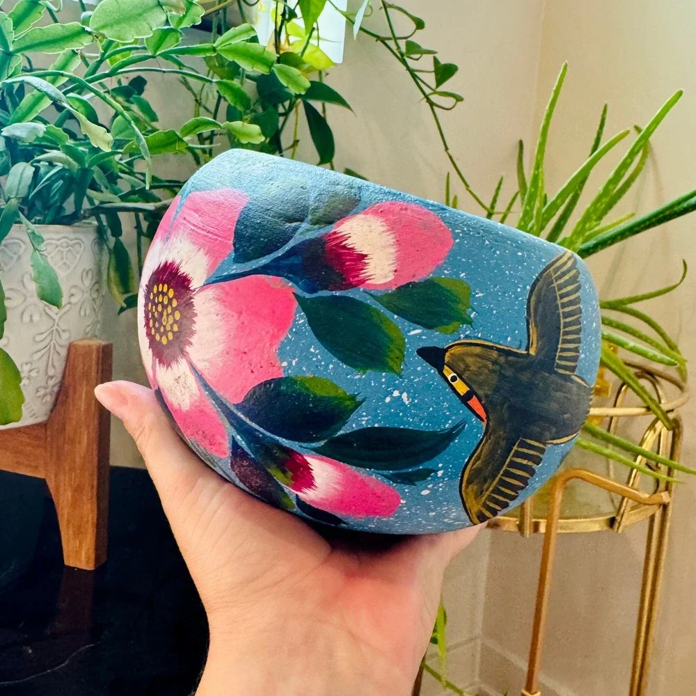 Vintage Mexican Hand Painted Terracotta Planter Blue Floral Bird Folk Art Pot